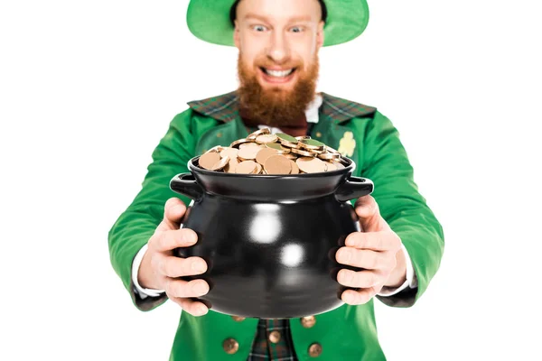 Excited Leprechaun Green Suit Looking Pot Gold Isolated White — Stock Photo, Image