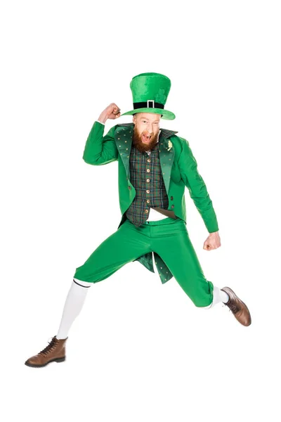 Leprechaun Pulando Terno Verde Isolado Branco — Fotografia de Stock