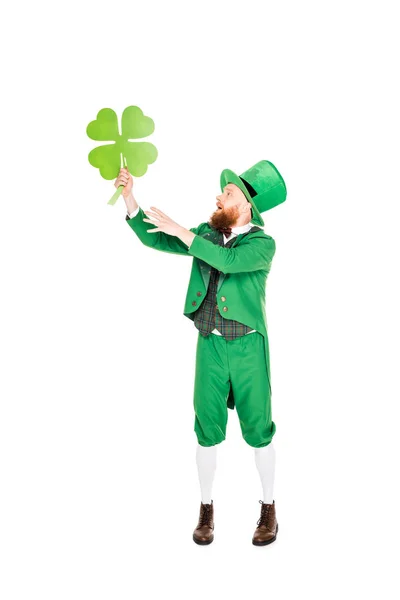 Leprechaun Green Suit Hat Holding Clover Isolated White — Free Stock Photo