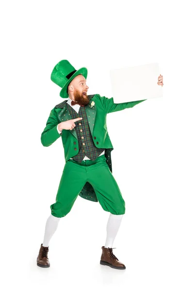 Leprecauno Abito Verde Puntato Cartello Bianco Isolato Bianco — Foto Stock