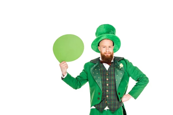 Kobold Grünen Anzug Mit Sprechblase Isoliert Auf Weiß — Stockfoto
