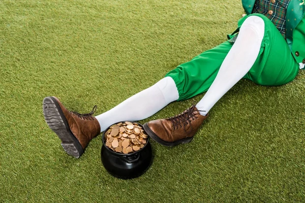 Vista Cortada Duende Com Pote Ouro Sentado Grama Verde — Fotografia de Stock