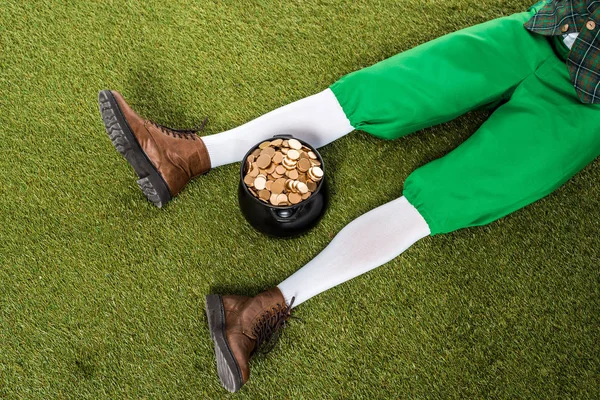 Vista Cortada Duende Com Pote Ouro Sentado Grama Verde — Fotografia de Stock