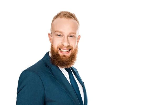 Portrait Handsome Bearded Young Businessman Smiling Camera Isolated White — Stock Photo, Image