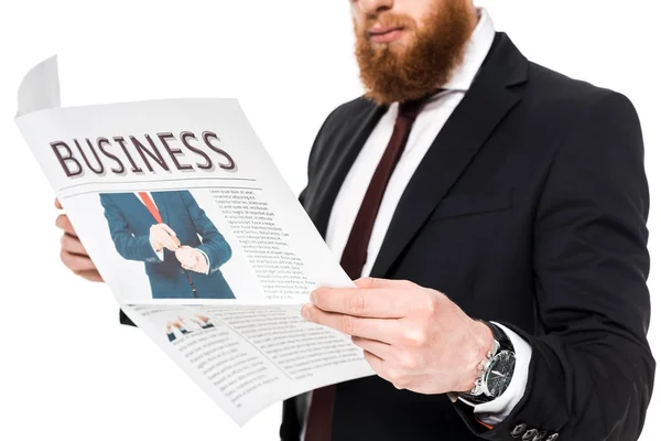 Cropped Shot Bearded Businessman Reading Newspaper Isolated White — Free Stock Photo