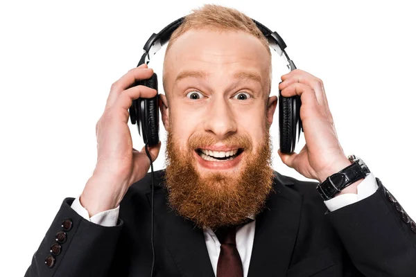 Excited Young Businessman Wearing Headphones Smiling Camera Isolated White — Stock Photo, Image