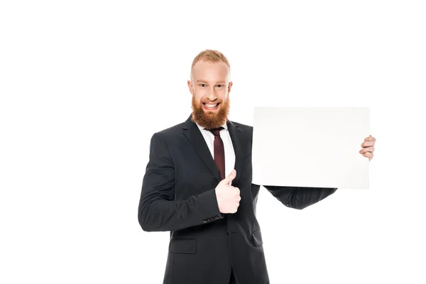 Bearded Yung Businessman Holding Blank Banner Showing Thumb Isolated White — Stock Photo, Image