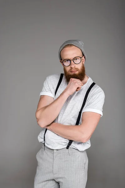 Portrait Stylish Bearded Man Suspenders Looking Camera Isolated Grey — Stock Photo, Image