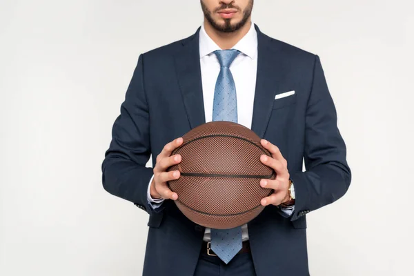 Cropped Shot Young Businessman Holding Basketball Ball Isolated Grey — Stock Photo, Image