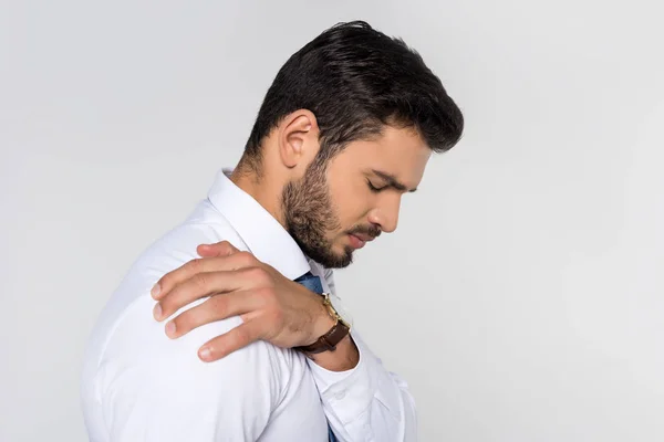 Side View Young Overworked Businessman Having Backache Isolated Grey — Stock Photo, Image