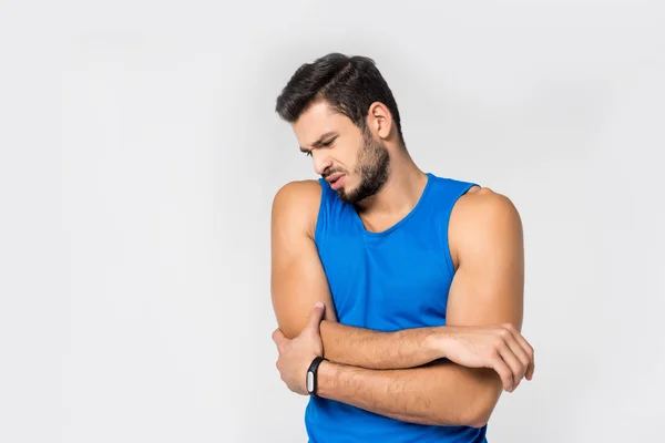 Sportive Young Man Arm Pain Isolated White — Stock Photo, Image