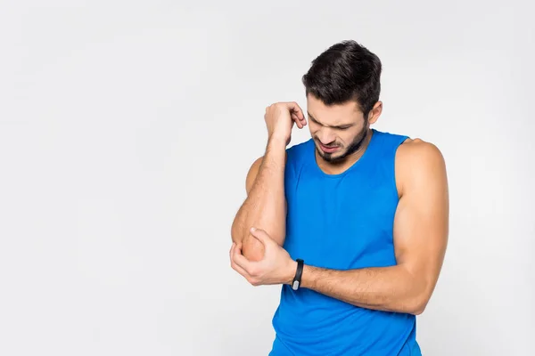 Beau Jeune Homme Avec Douleur Bras Isolé Sur Blanc — Photo