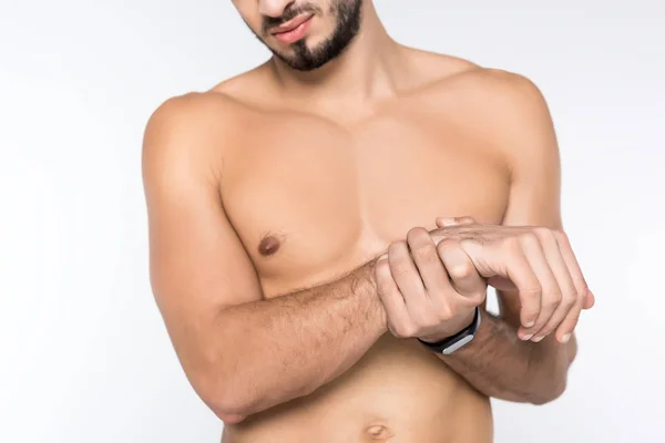 Cropped Shot Young Shirtless Man Wrist Pain Isolated White — Stock Photo, Image