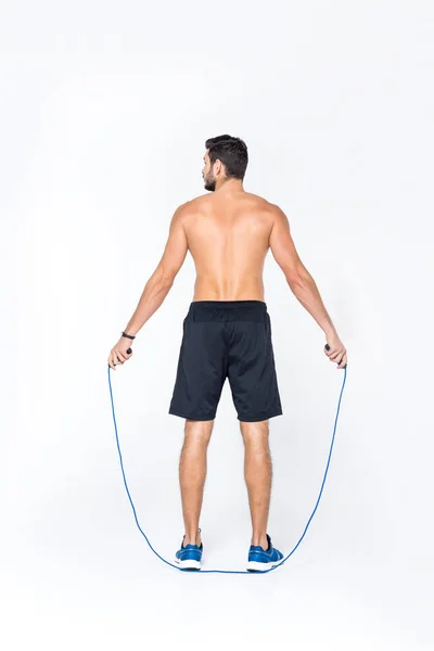 Back View Young Shirtless Sportsman Jumping Rope Isolated White — Stock Photo, Image