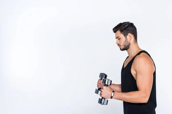 Zijaanzicht Van Atletische Man Uit Werken Met Halters Geïsoleerd Wit — Stockfoto