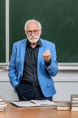 gri saç Profesör gösteren yumruk öğrencilere