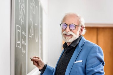 gri saç Profesör holding parça tebeşir gülümseyen