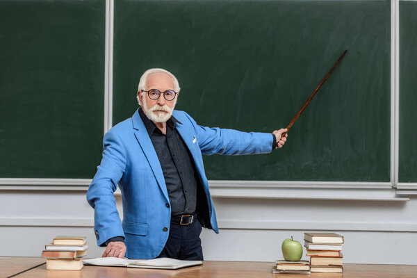 grey hair professor pointing on something at blackboard 