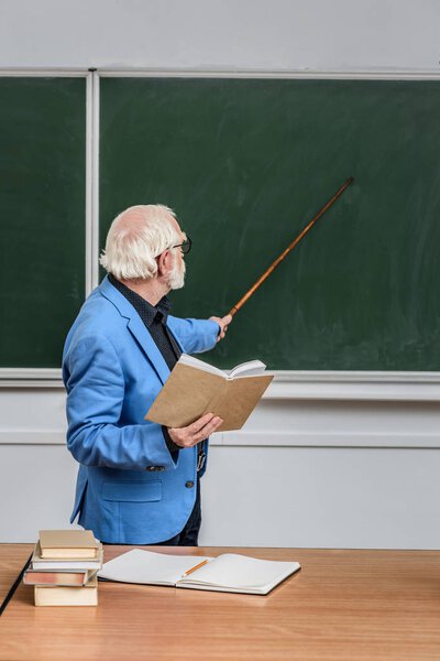 grey hair professor holding book and pointing on something at blackboard 