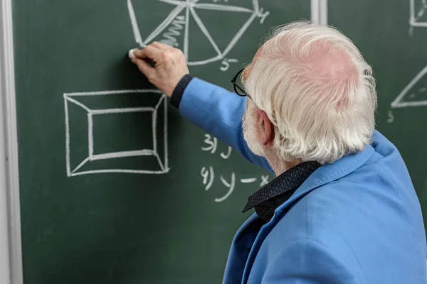 Grey Hair Professor Drawing Piece Chalk Blackboard — Stock Photo, Image