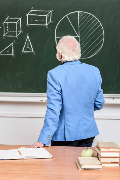 rear view of grey hair professor looking at blackboard
