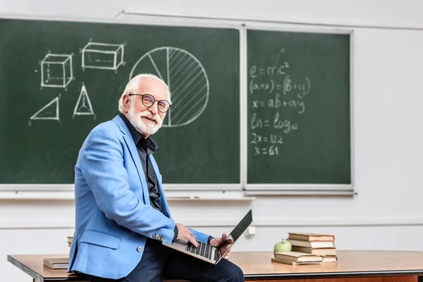 Sorridente Cinza Professor Cabelo Sentado Mesa Com Laptop — Fotografia de Stock