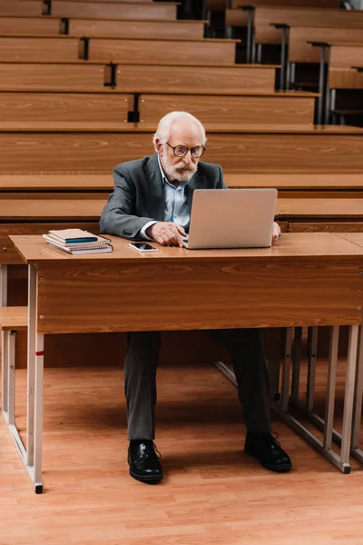 Professore Capelli Grigi Che Lavora Con Computer Portatile — Foto Stock