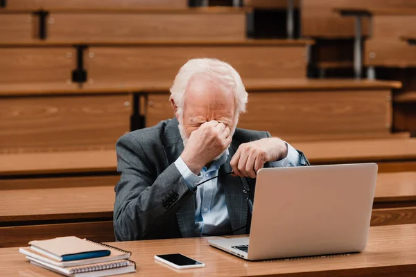 Tired Grey Hair Professor Touching Nose Bridge — Stock Photo, Image