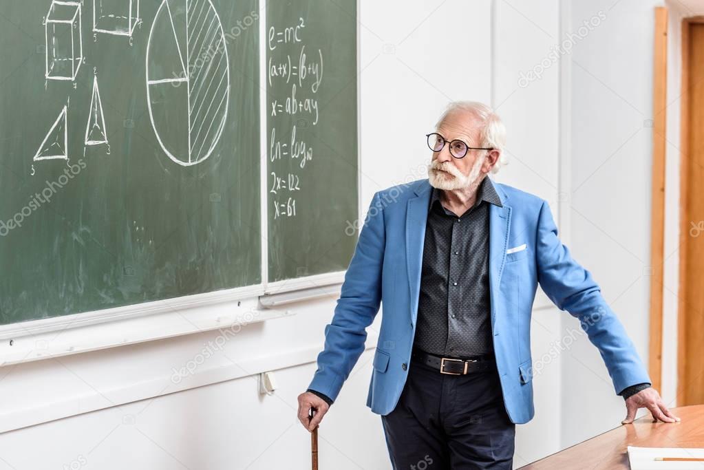 grey hair professor looking at blackboard