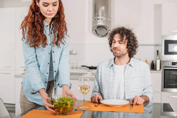 Girlfriend Putting Salad Table Kitchen — Free Stock Photo