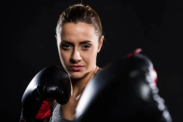 Selective Focus Young Sportswoman Boxing Looking Camera Isolated Black — Stock Photo, Image