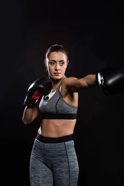 Sporty Athletic Young Woman Boxing Isolated Black — Stock Photo, Image