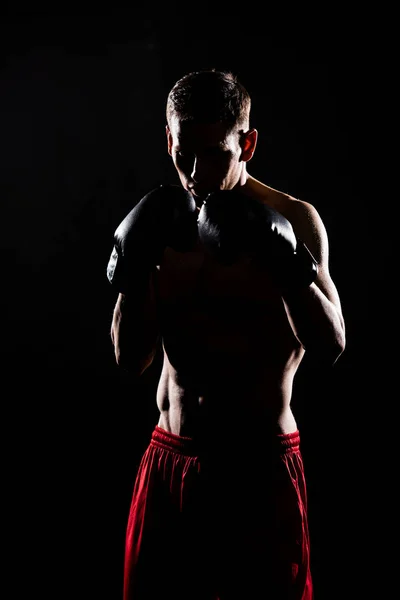 Silhouette Young Sportsman Boxing Gloves Boxing Isolated Black — Stock Photo, Image