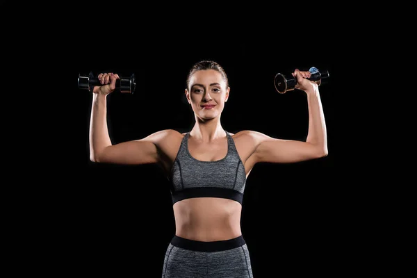 Young Sportswoman Holding Dumbbells Smiling Camera Black — Stock Photo, Image