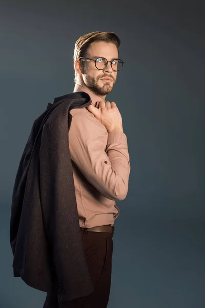 Portrait Handsome Stylish Young Man Spectacles Holding Suit Jacket Posing — Stock Photo, Image