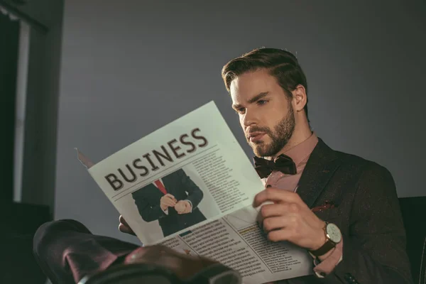 Handsome Stylish Young Man Reading Business Newspaper — Stock Photo, Image