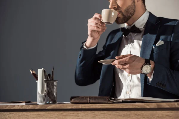 Cropped Shot Stylish Young Businessman Drinking Coffee Workplace — Stock Photo, Image