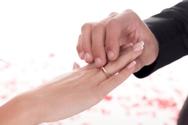 cropped image of boyfriend wearing ring on girlfriends finger isolated on white, valentines day concept clipart