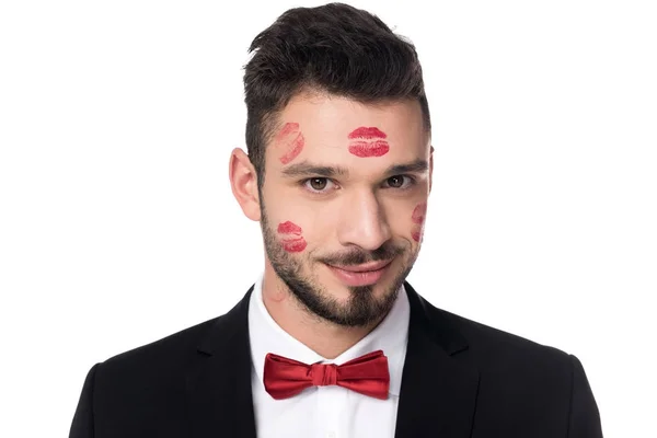 Smiling Handsome Man Lips Traces Face Isolated White — Stock Photo, Image