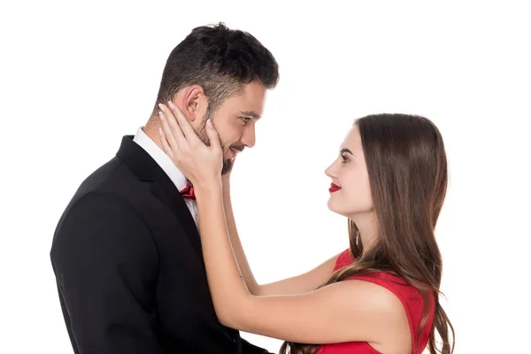 Side View Girlfriend Touching Boyfriends Face Isolated White — Stock Photo, Image