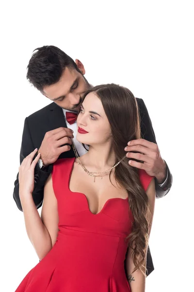 Freund Trägt Halskette Freundin Isoliert Auf Weiß — Stockfoto