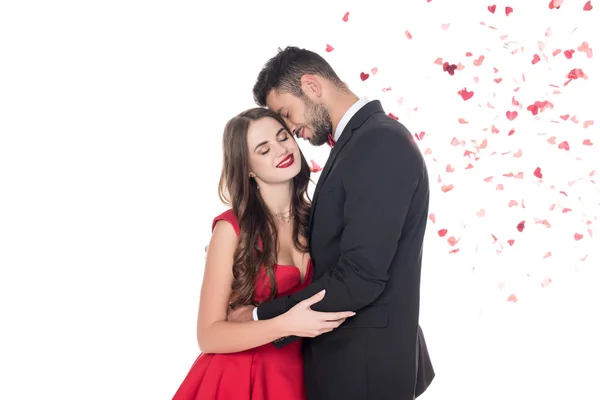 Abraço Casal Atraente Isolado Branco Dia Dos Namorados Conceito — Fotografia de Stock