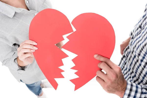 Cropped Image Couple Holding Two Pieces Paper Heart Isolated White — Stock Photo, Image