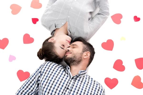 Overhead View Couple Lying Paper Hearts Isolated White Valentines Day — Stock Photo, Image