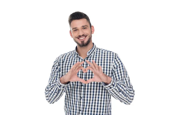 Hombre Mostrando Corazón Con Los Dedos Aislados Blanco San Valentín — Foto de Stock