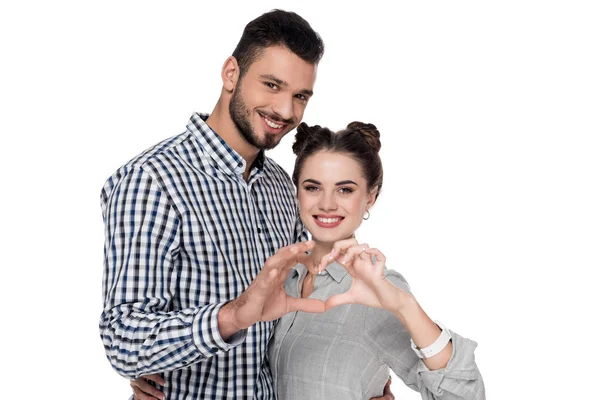 Paar Zeigt Herz Mit Fingern Auf Weißem Valentinstag Konzept — Stockfoto