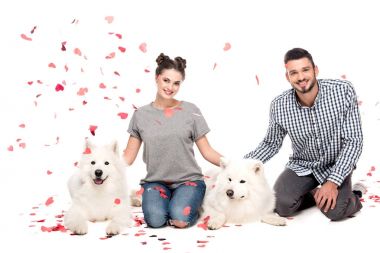 köpeklerle düşen konfeti beyaz, Sevgililer günü kavramı izole altında oturan Çift