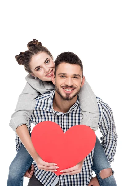 Boyfriend Giving Piggyback Girlfriend Holding Red Heart Isolated White Valentines — Stock Photo, Image