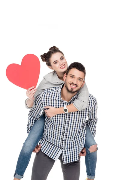 Boyfriend Giving Piggyback Girlfriend Holding Red Heart Isolated White Valentines — Stock Photo, Image