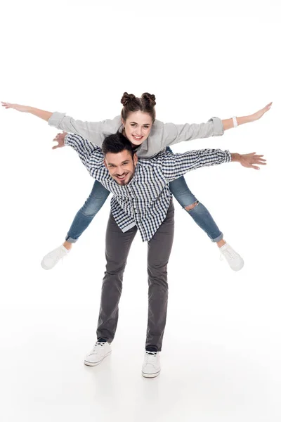 Boyfriend Giving Piggyback Girlfriend Open Arms Isolated White — Stock Photo, Image